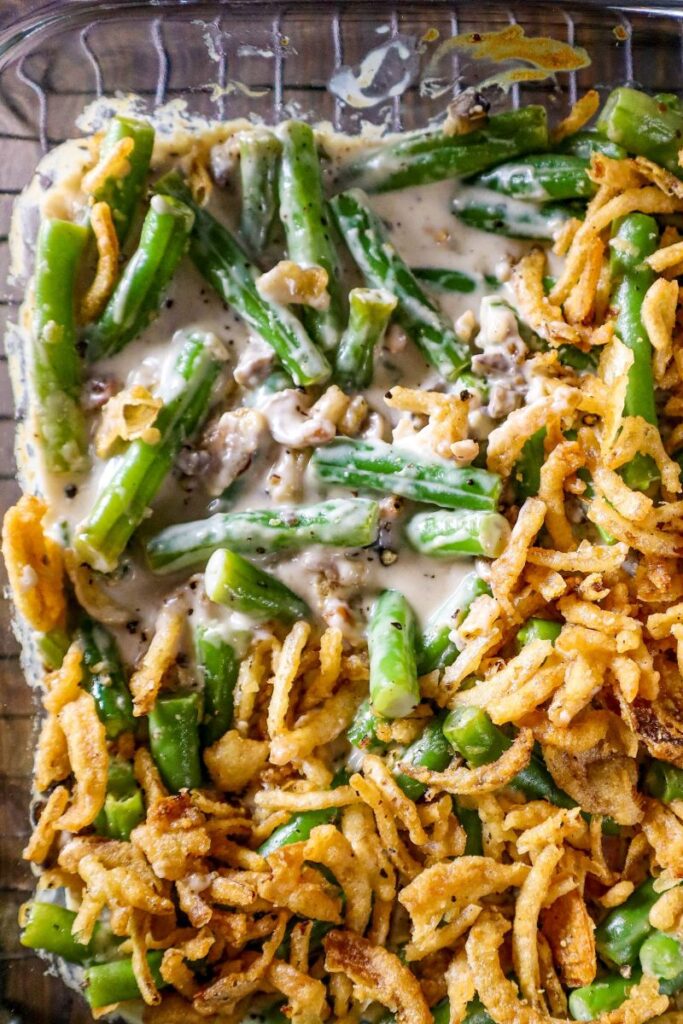 Upclose Bacon & Goat Cheese Green Bean Casserole with Crispy Fried Onions