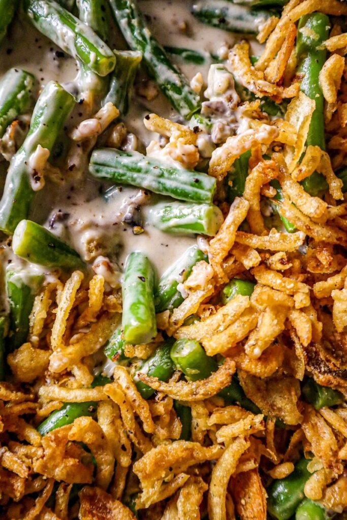 Bacon and Goat Cheese Green Bean Casserole with Crispy Fried Onions