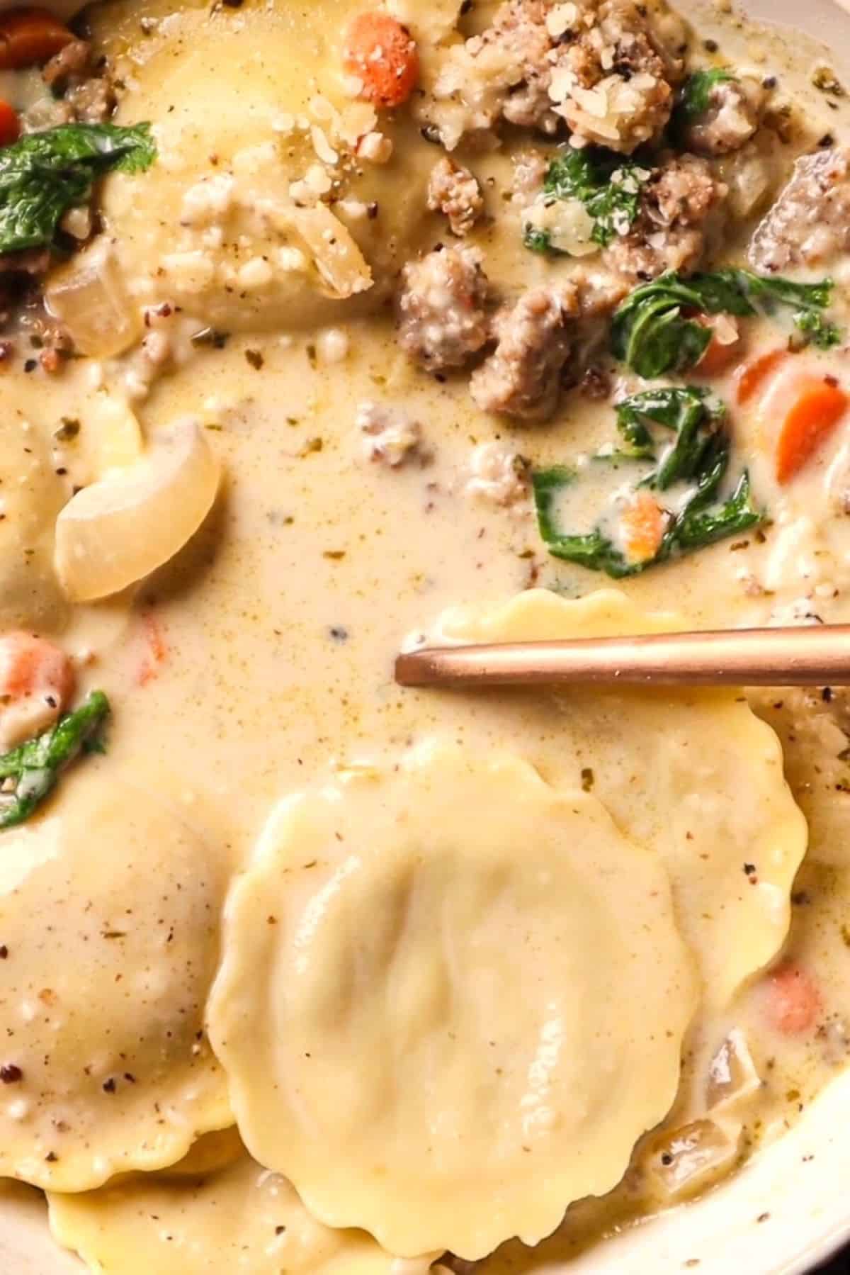 creamy ravioli soup with sausage and kale