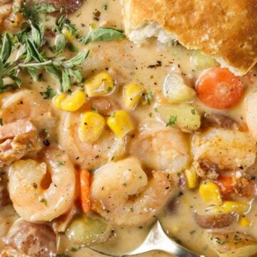 Creamy Shrimp & Corn Chowder with a Biscuit and Fresh Herbs