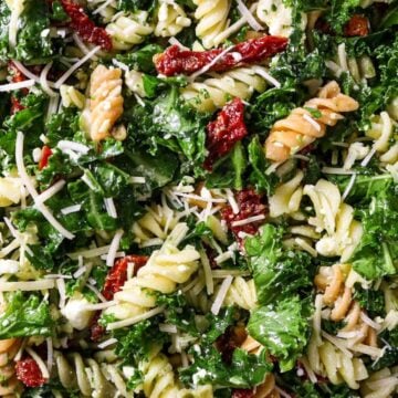 Close up of Mediterranean Pasta Kale Salad with Parmesan cheese, feta, and sun-dried tomatoes.