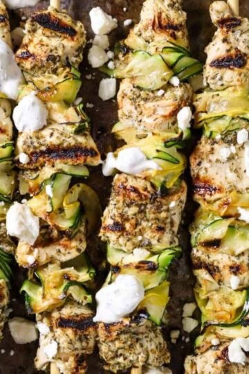 greek chicken skewers with zucchini and squash ribbons