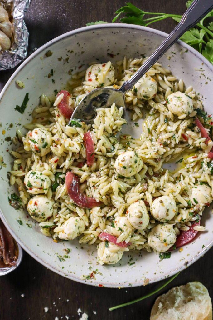 Marinated Mozzarella Orzo Pasta Salad- Must Love Garlic
