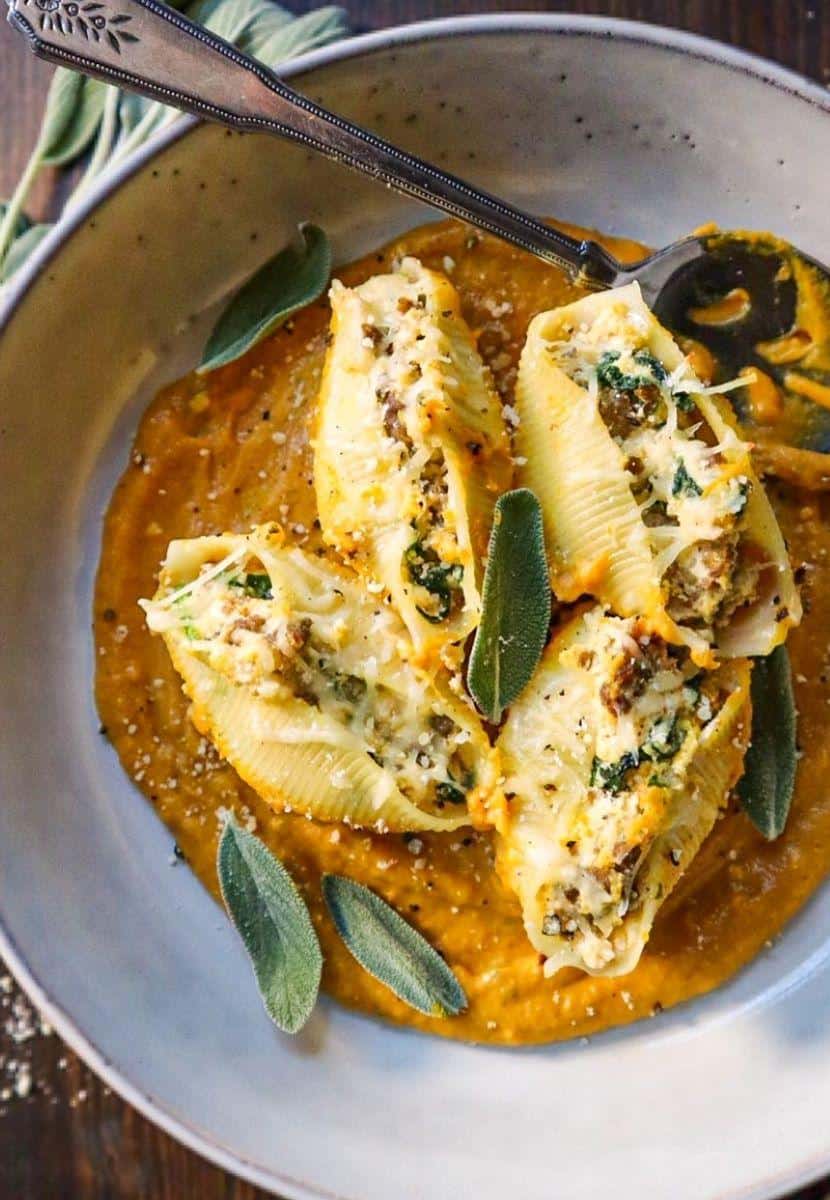 Cheesy Pumpkin & Sage Sausage Stuffed Pasta Shells