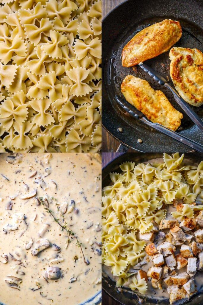 A collage of process shots to make mushroom chicken pasta. 