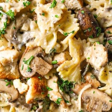 Upclose of chicken and bowtie pasta with mushroom cream sauce.