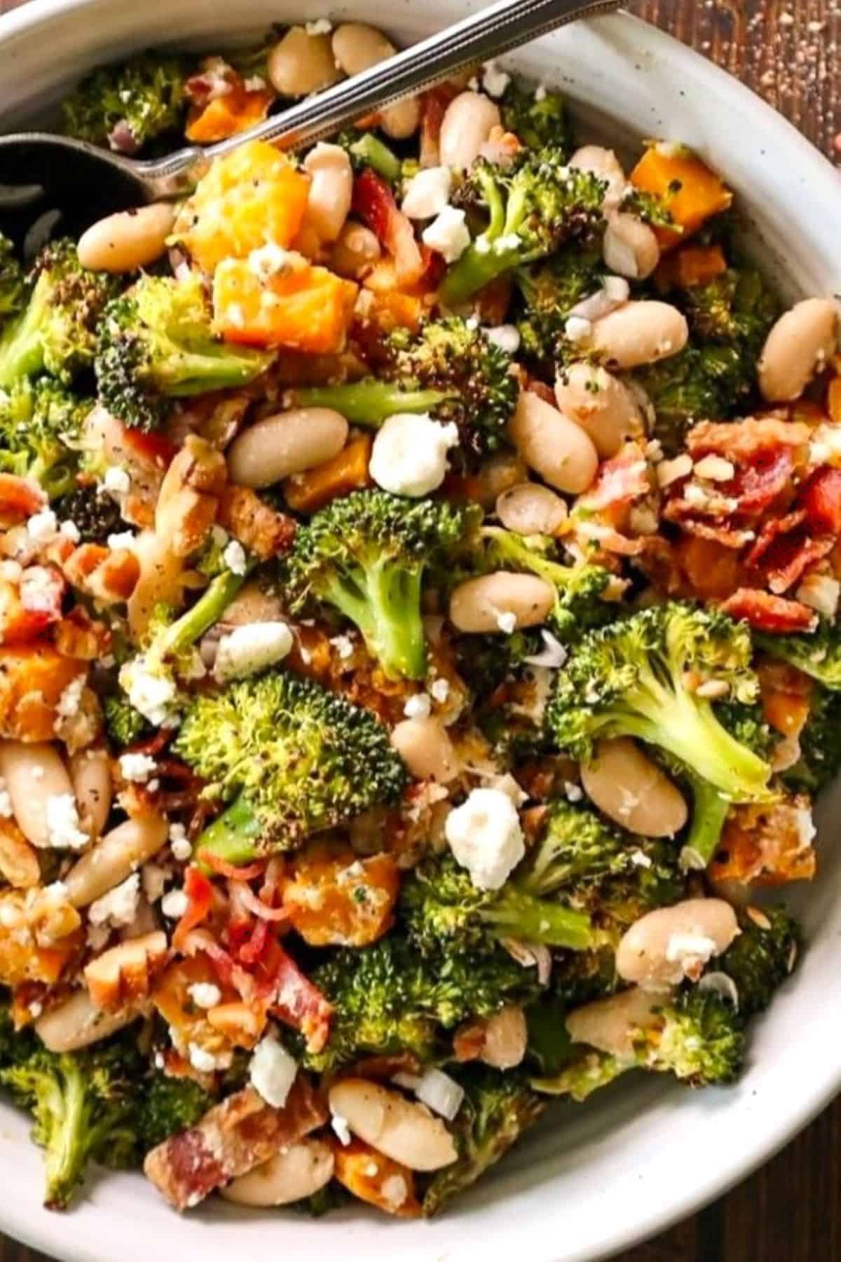 Roasted broccoli salad with bacon and beans