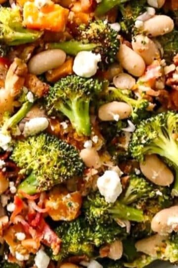 roasted broccoli salad with bacon and beans