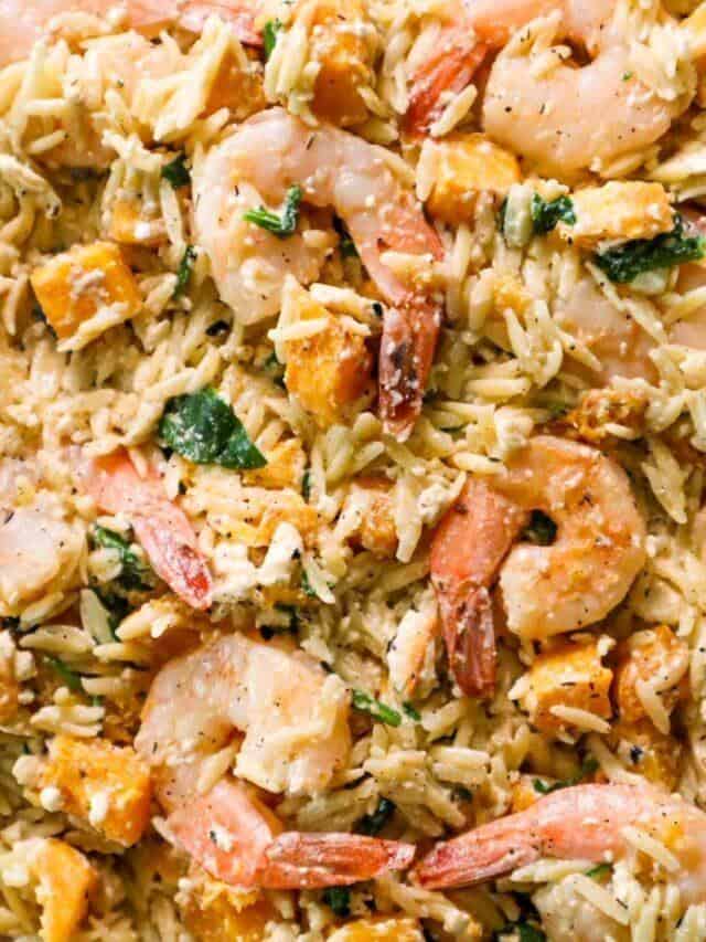 Baked Shrimp, Feta, Butternut Squash, and Orzo Pasta