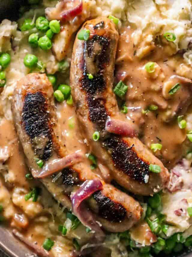 Bangers & White Cheddar Mash with Garlic Onion Gravy