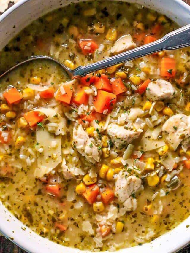 Easy Chicken & Rice Soup with Pesto and Corn
