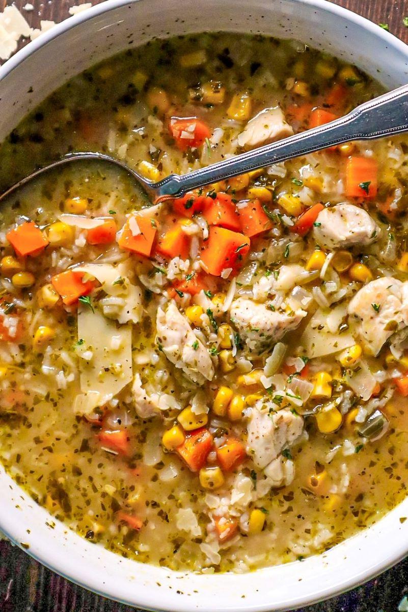 Easy Chicken & Rice Soup with Pesto and Corn