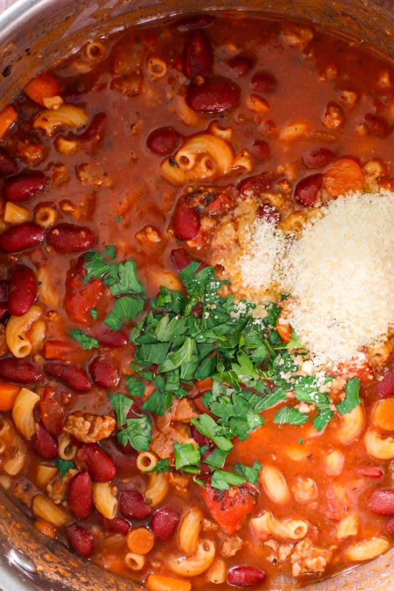 pasta e fagioli with sausage in soup pot