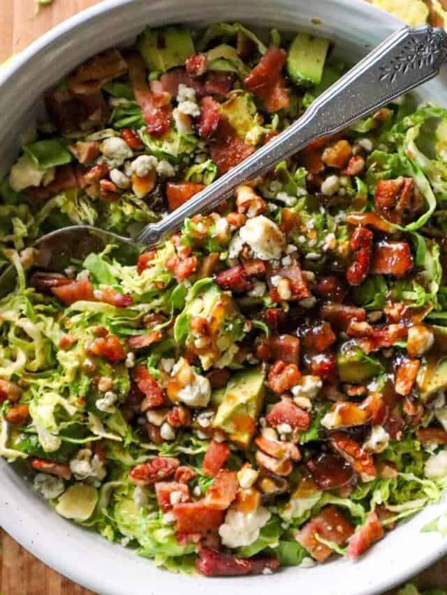 Bacon & Gorgonzola Shaved Brussels Sprout Salad with Fig Jam Dressing