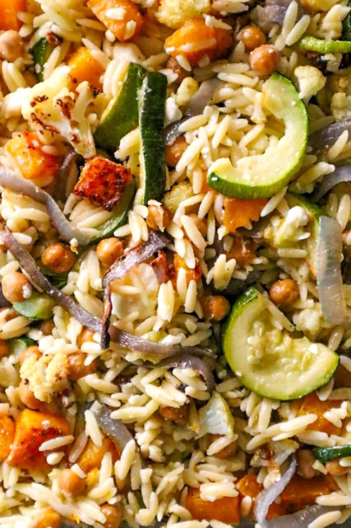 Creamy Roasted Vegetable Orzo Chickpea Salad