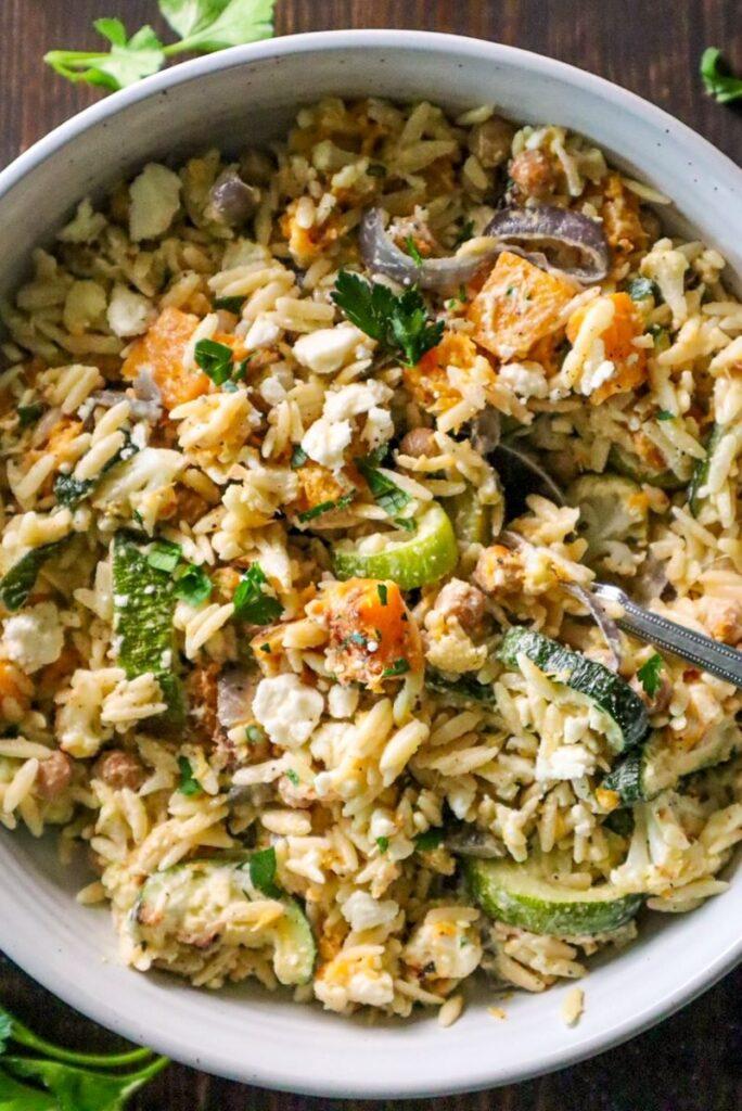 roasted vegetable orzo pasta salad with creamy garlic herb dressing