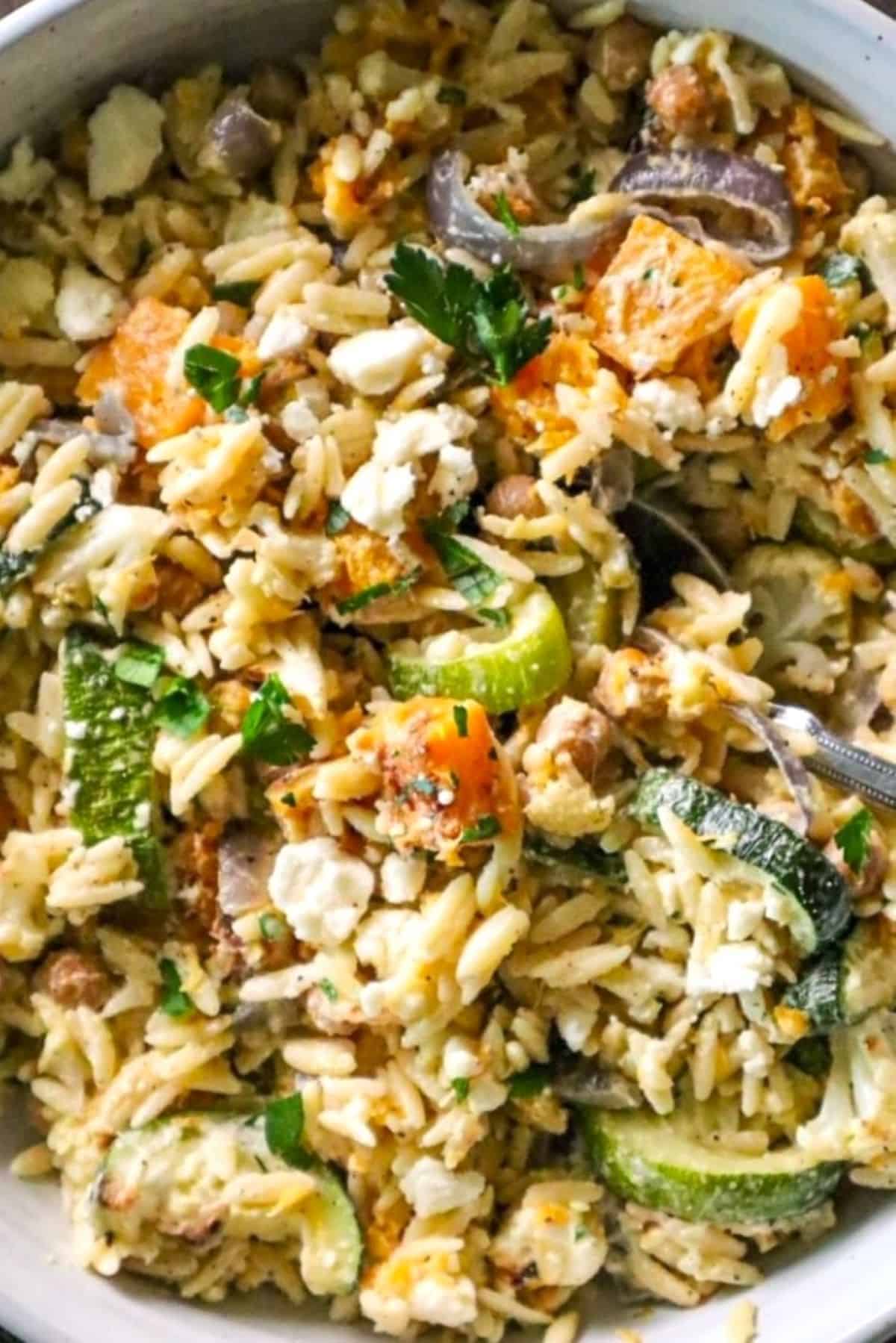 roasted vegetable orzo salad with chickpeas