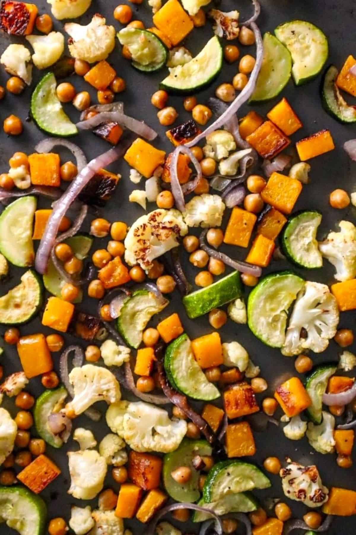 roasted vegetables and chickpeas for orzo pasta salad