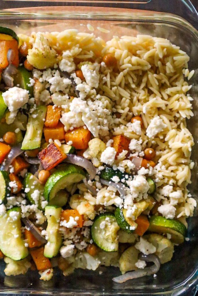 roasted vegetables feta cheese and orzo pasta