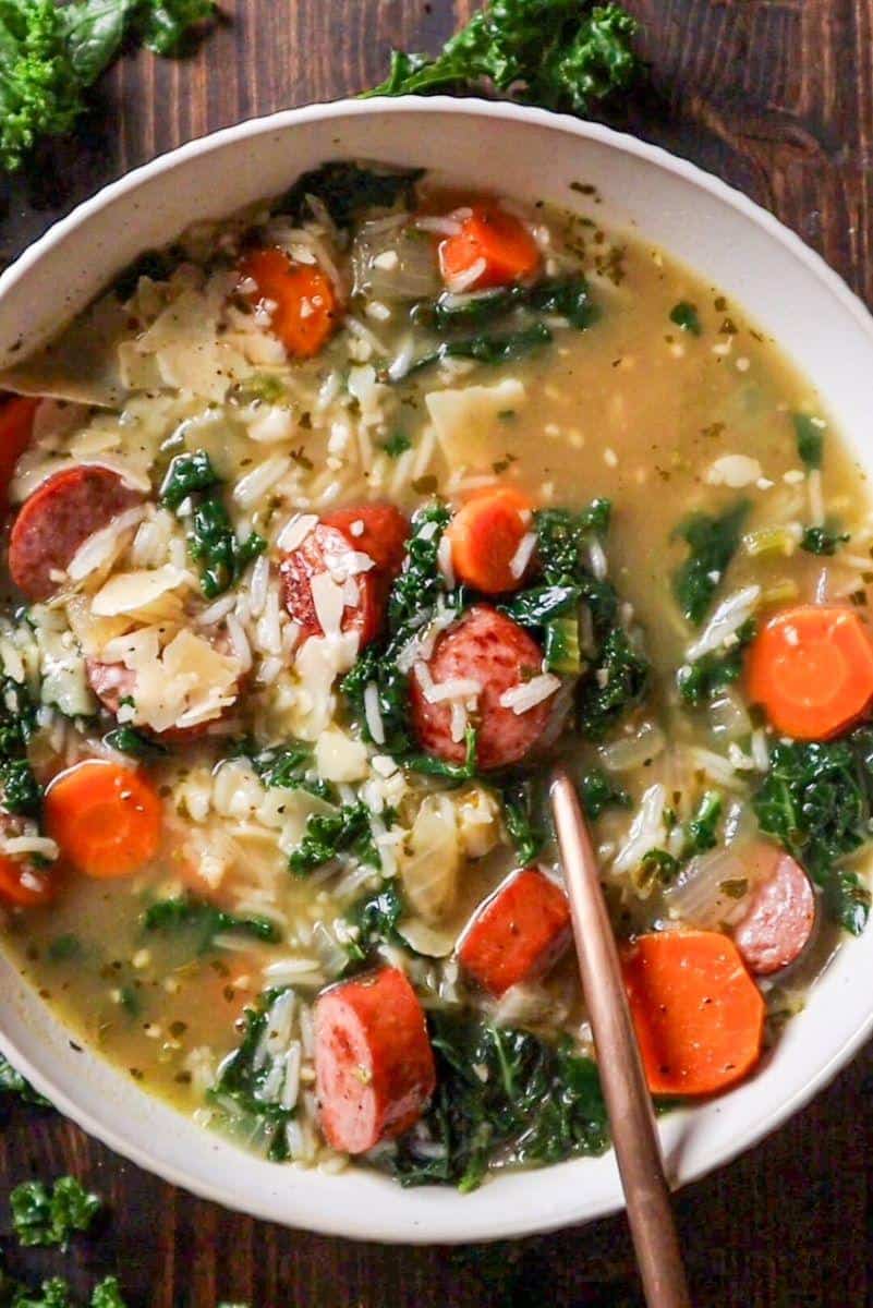 kale and kielbasa soup with pesto
