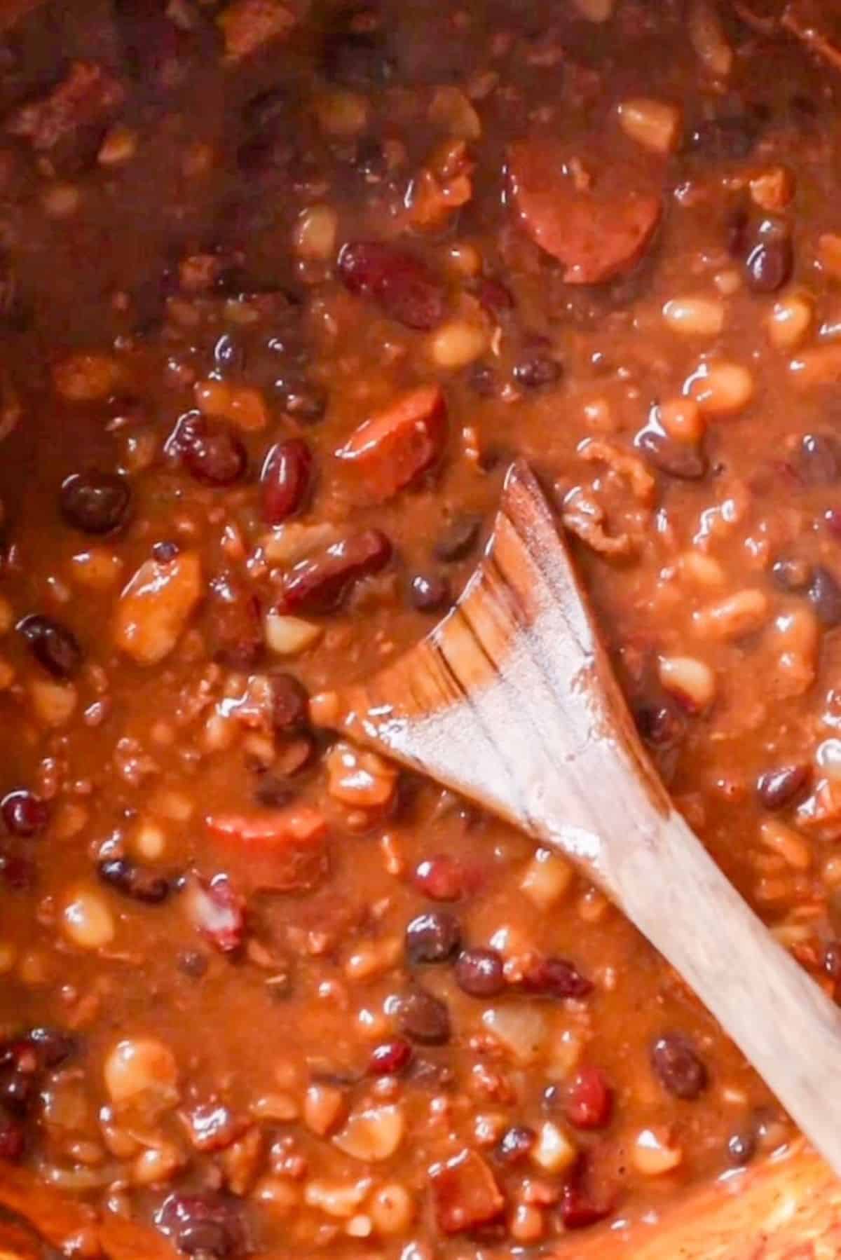 cowboy beans in pot before baking