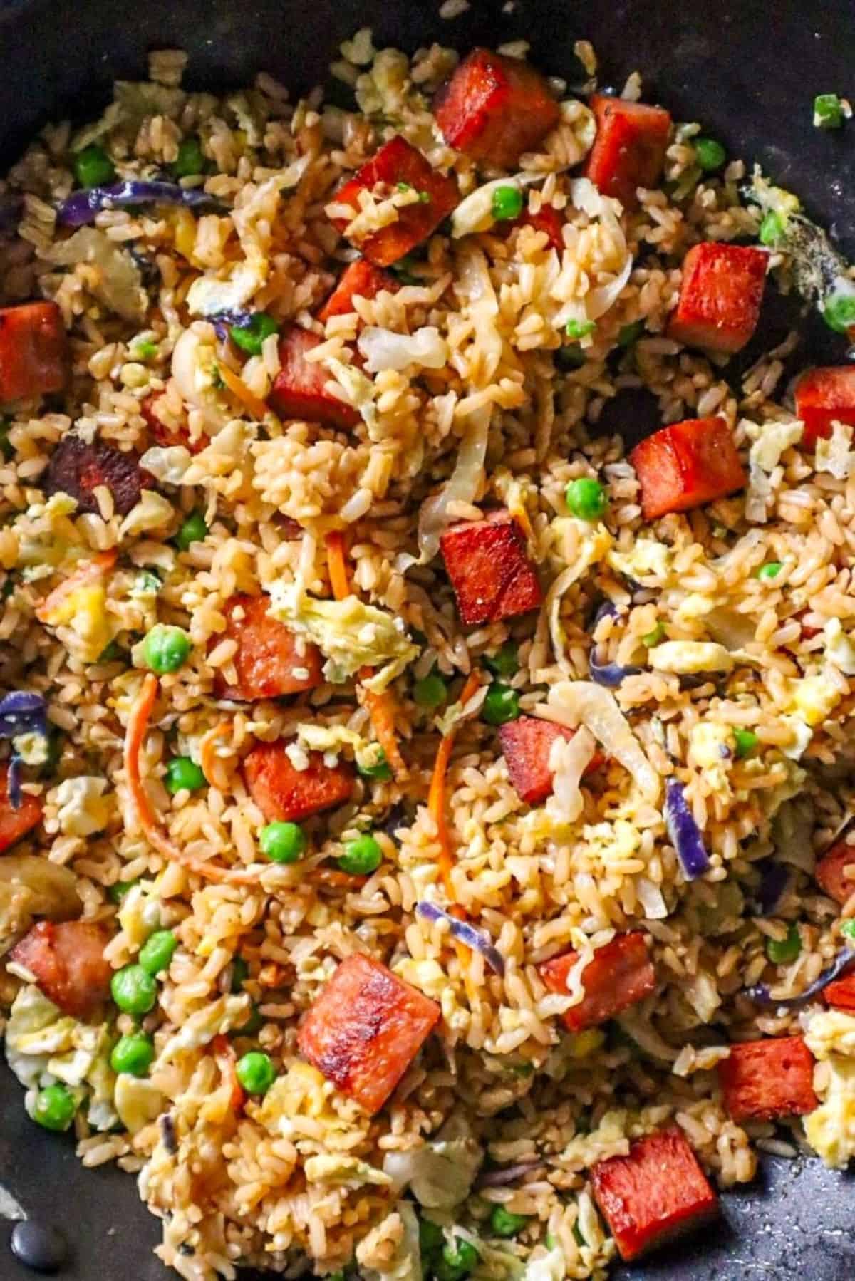easy spam fried rice in frying pan