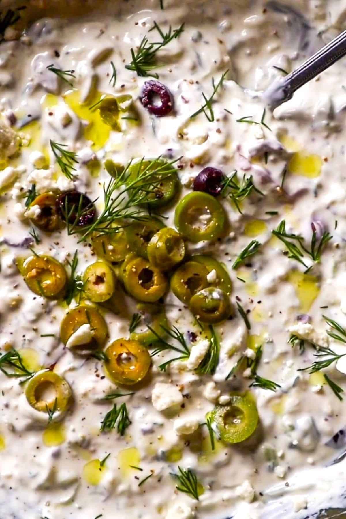 greek yogurt dip with olives and dill