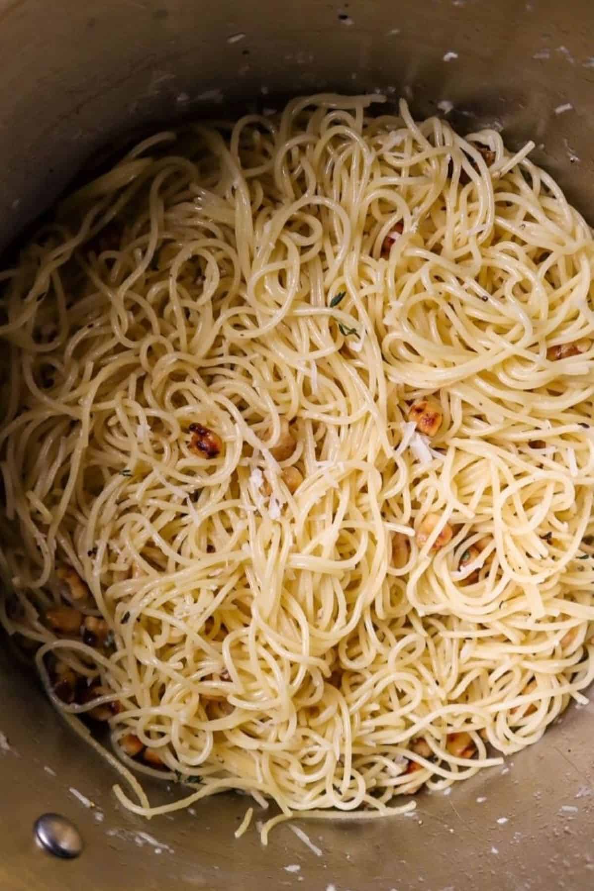 brown butter walnut pasta in pot
