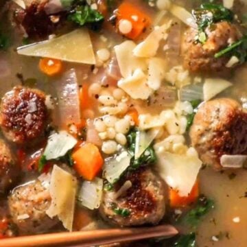 italian meatball soup with pesto and couscous