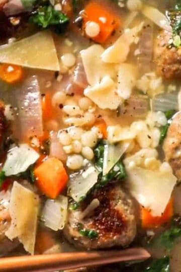 italian meatball soup with pesto and couscous
