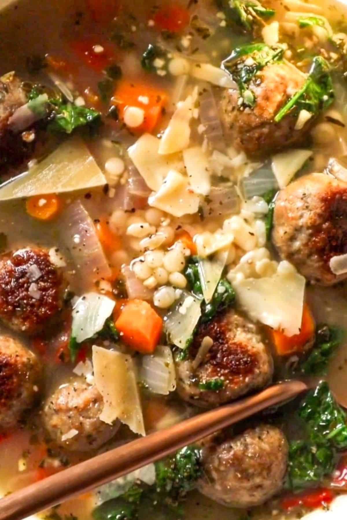 italian meatball soup with couscous and pesto