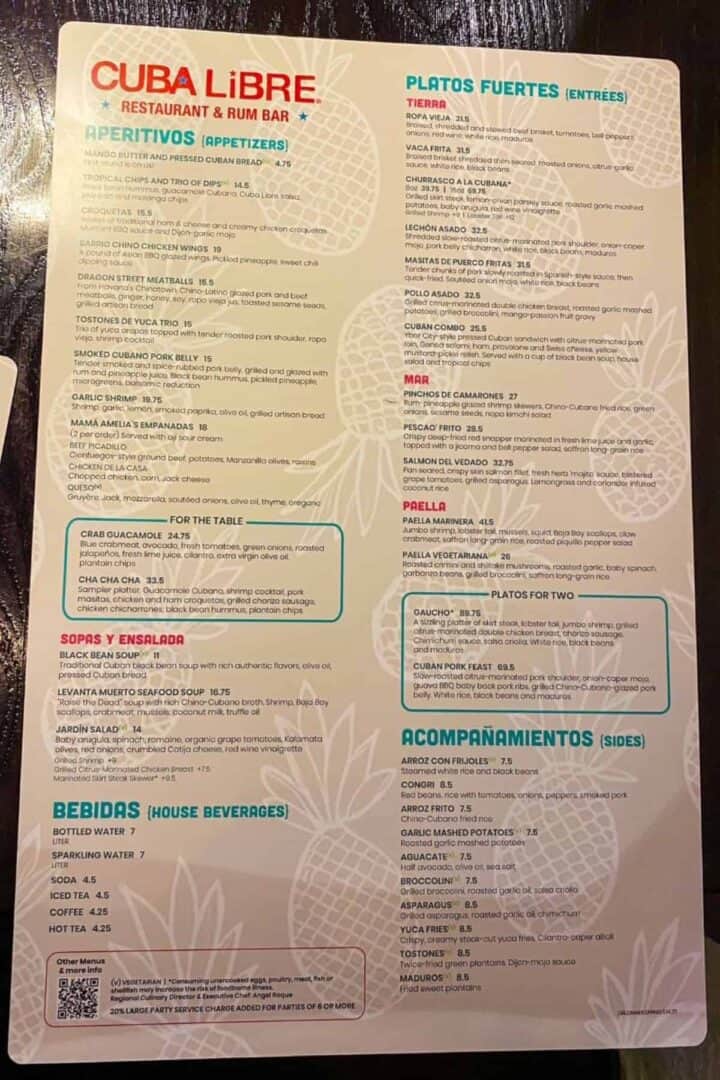 cuba libre orlando standard dinner menu
