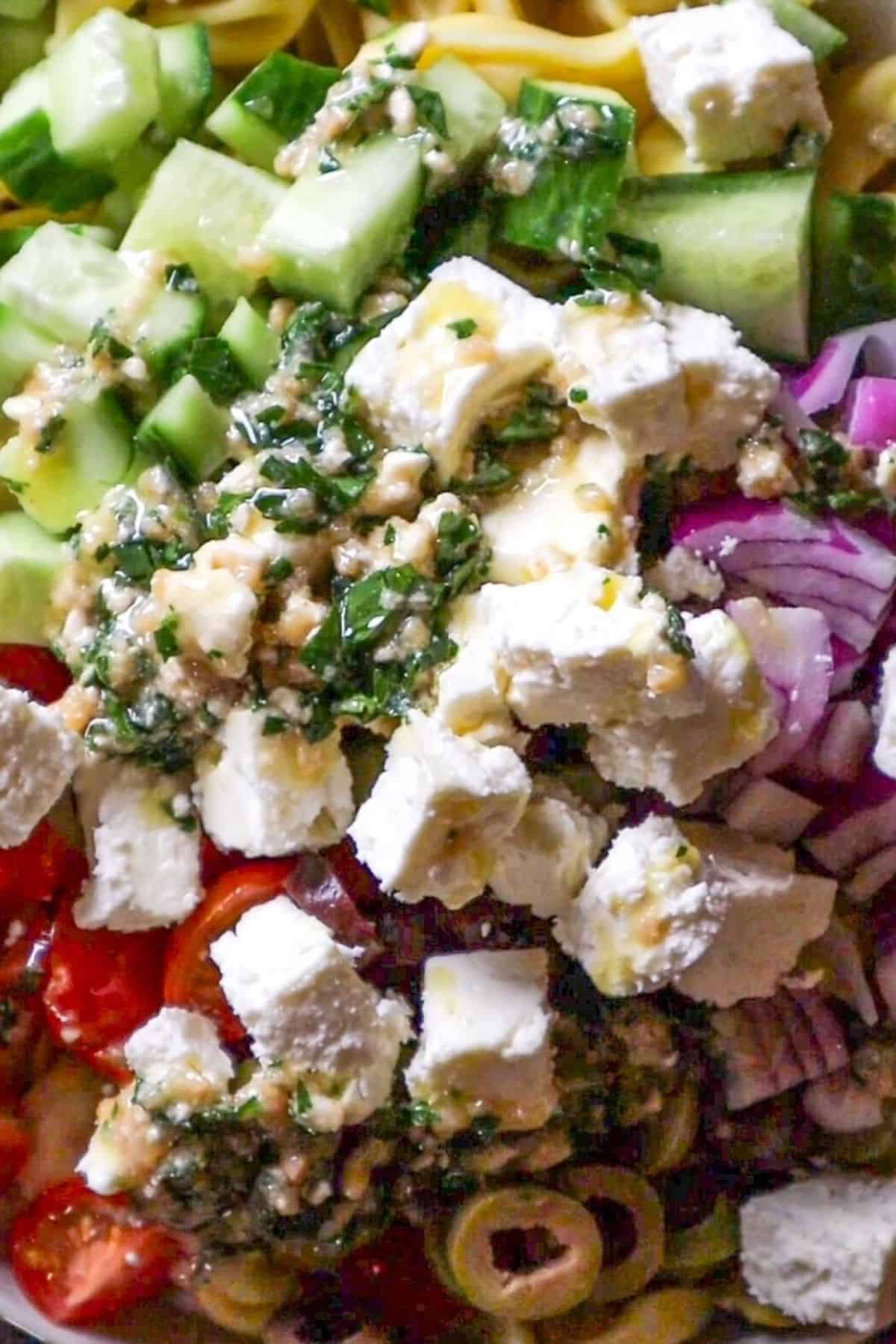 greek salad with tortellini and feta dressing