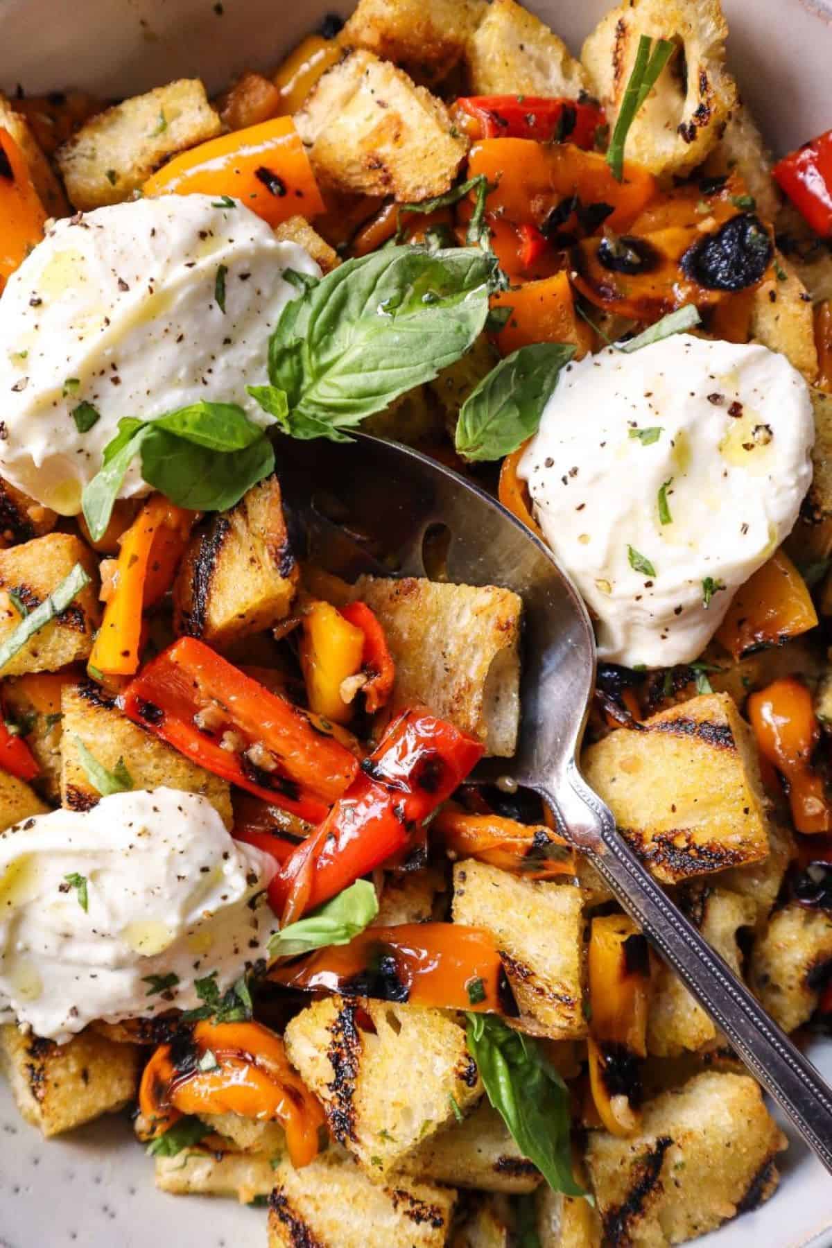 grilled panzanella salad with whipped feta cheese