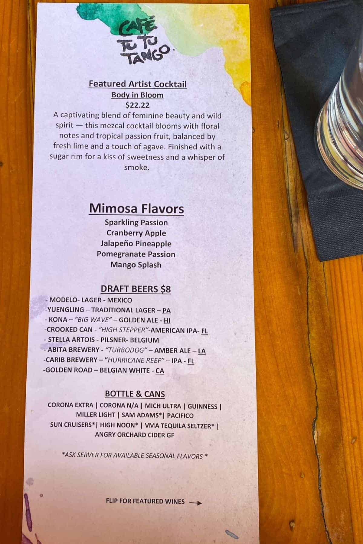 cafe tu tu tango orlando brunch drinks menu