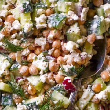 chickpea cucumber feta salad with creamy dill yogurt dressing