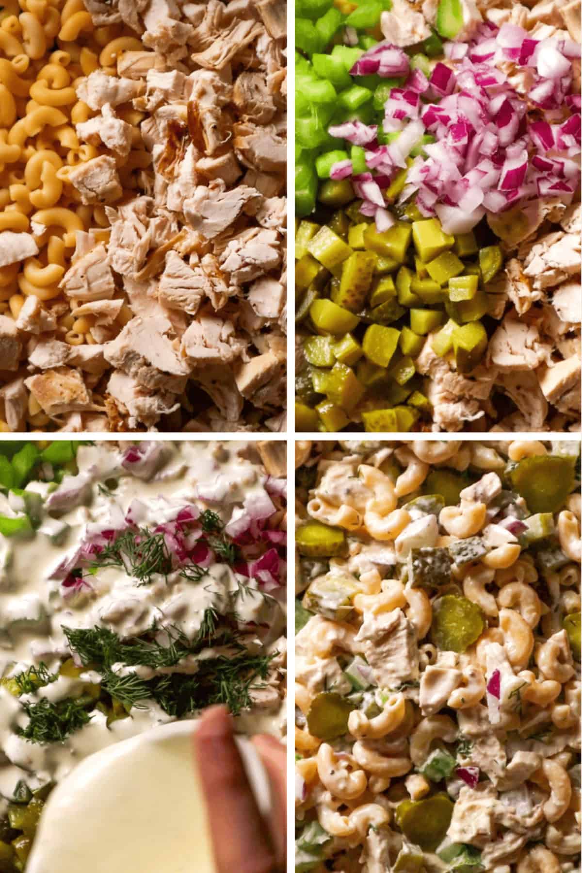 how to make dill pickle chicken macaroni salad collage