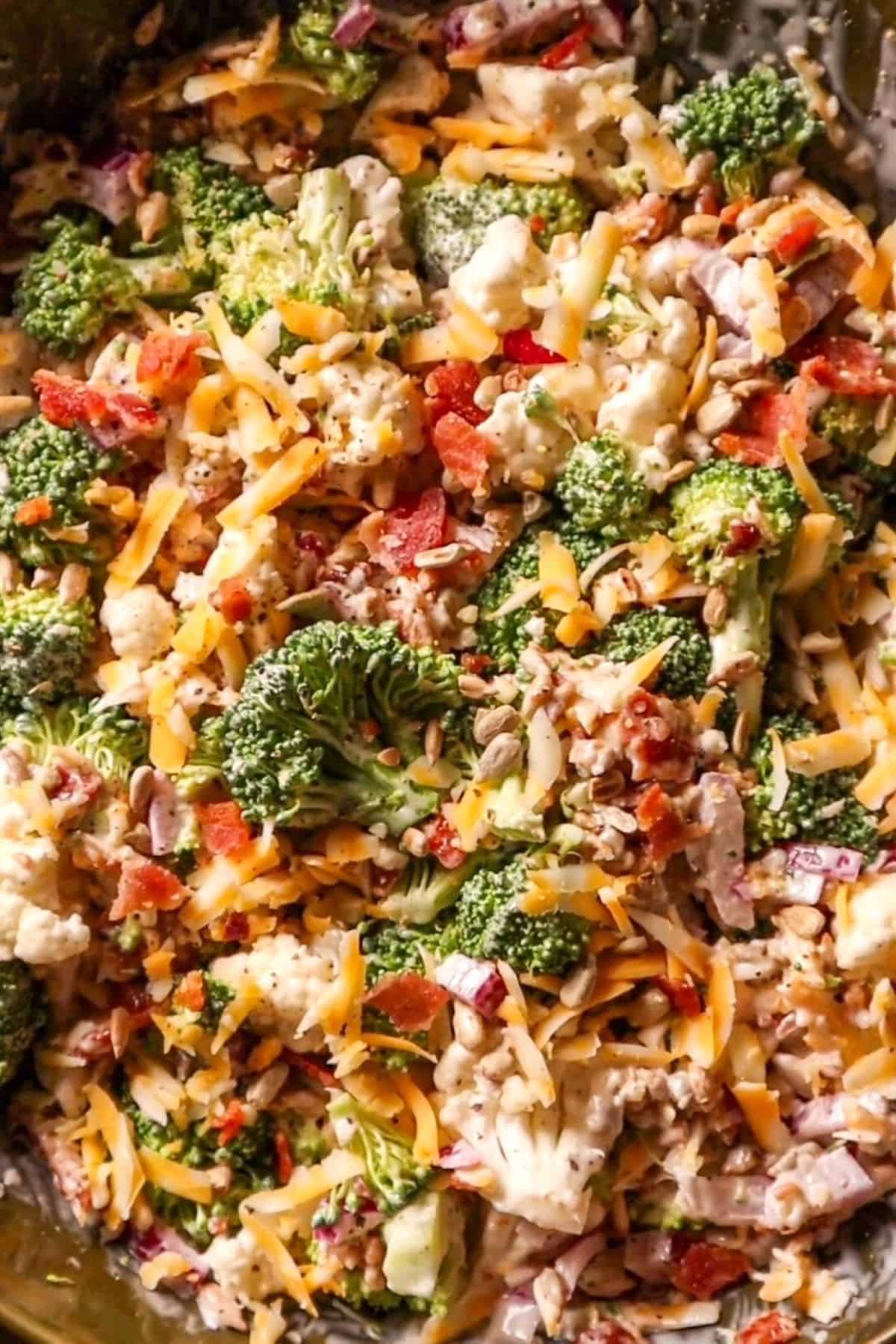 broccoli cauliflower salad with cheese and bacon