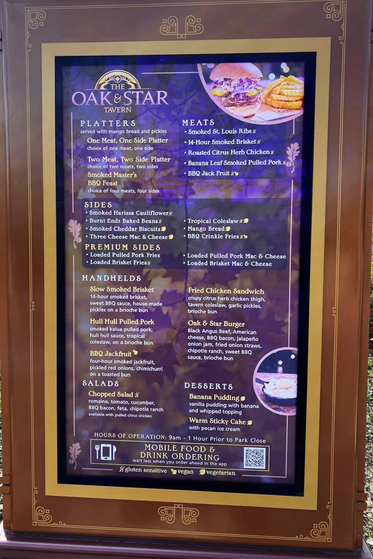 oak and star tavern menu epic universe