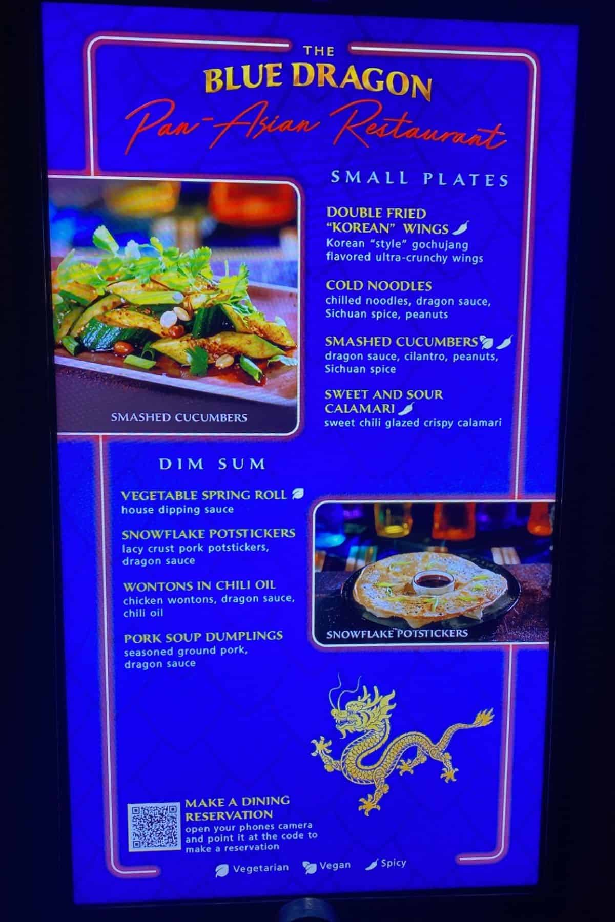 the blue dragon pan asian restaurant menu