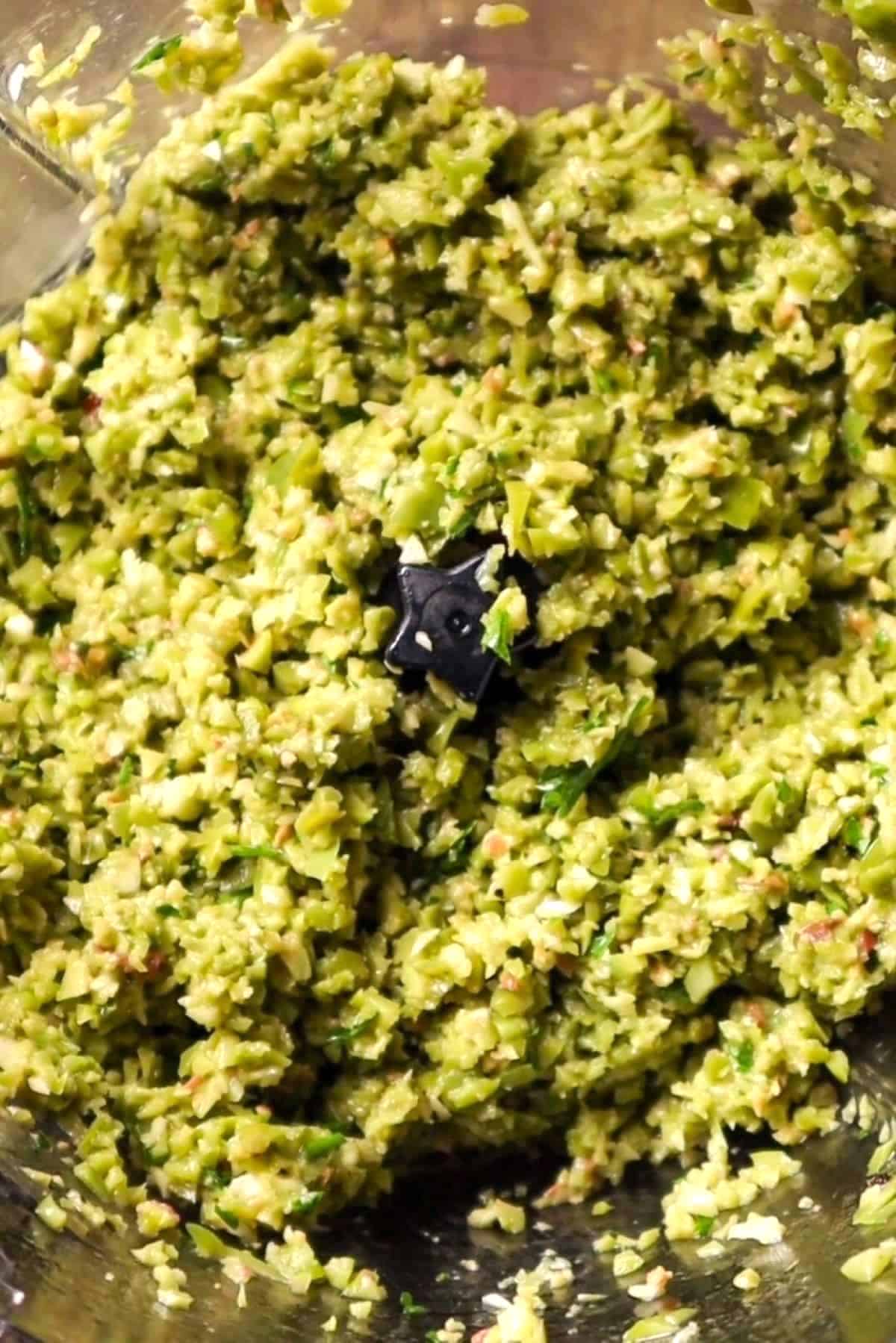 green olives tapenade in food processor