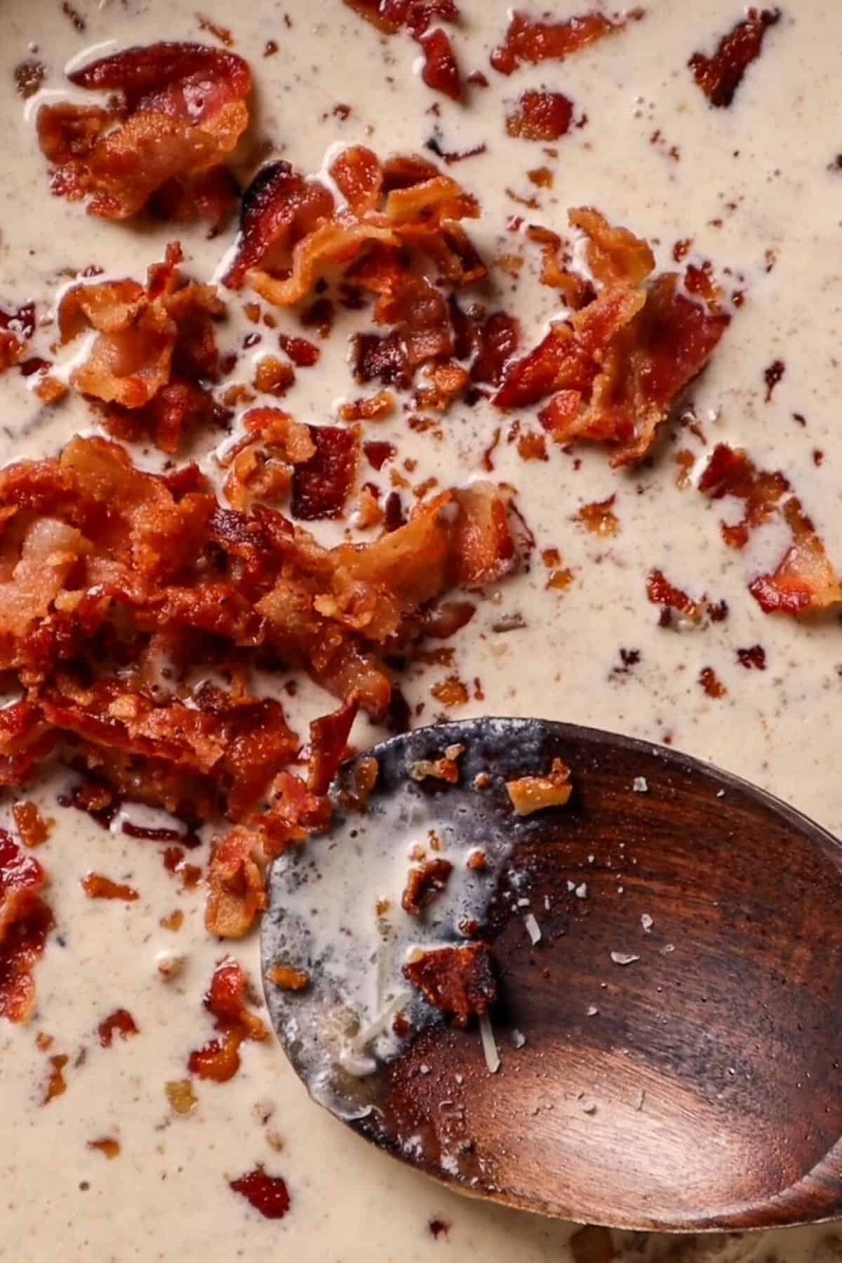 creamy pasta sauce with crumbled bacon