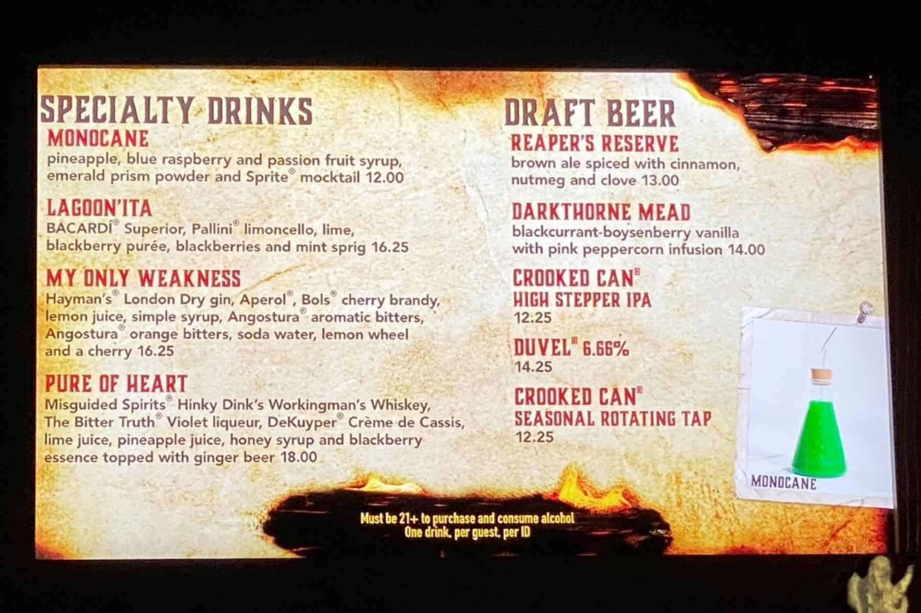 burning blade tavern drink menu