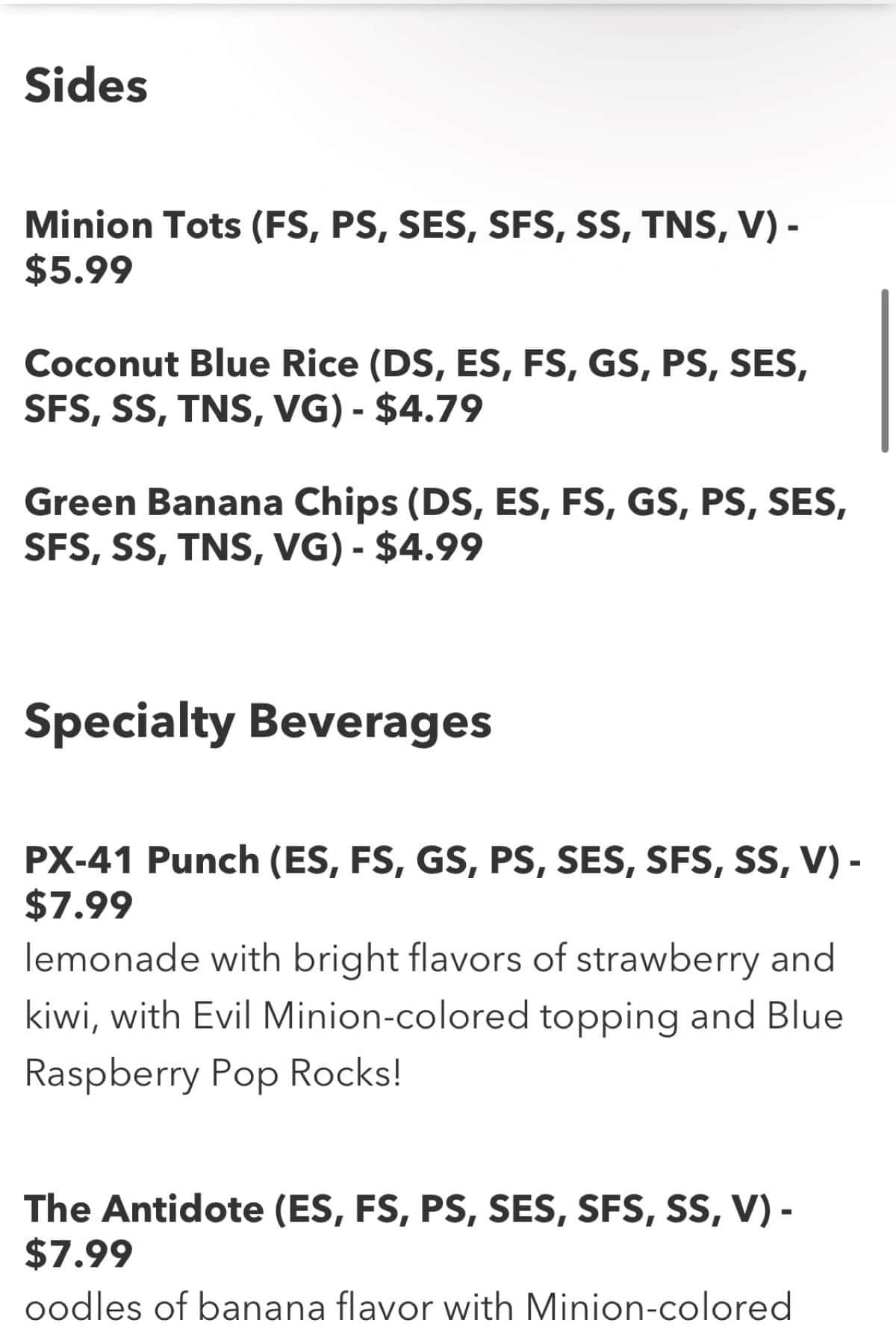 minions cafe side and beverage menu