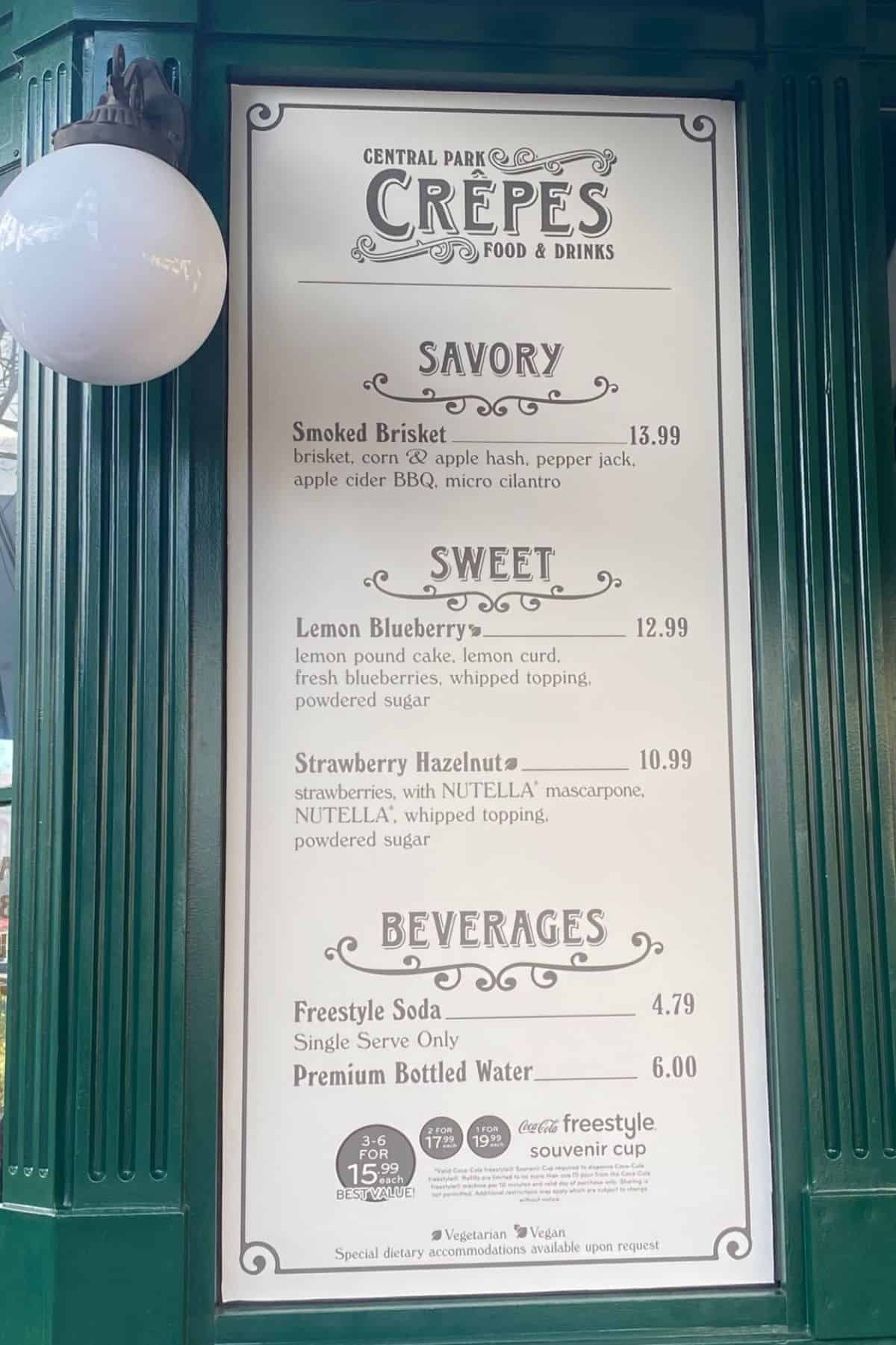 universal studios central park crepes menu
