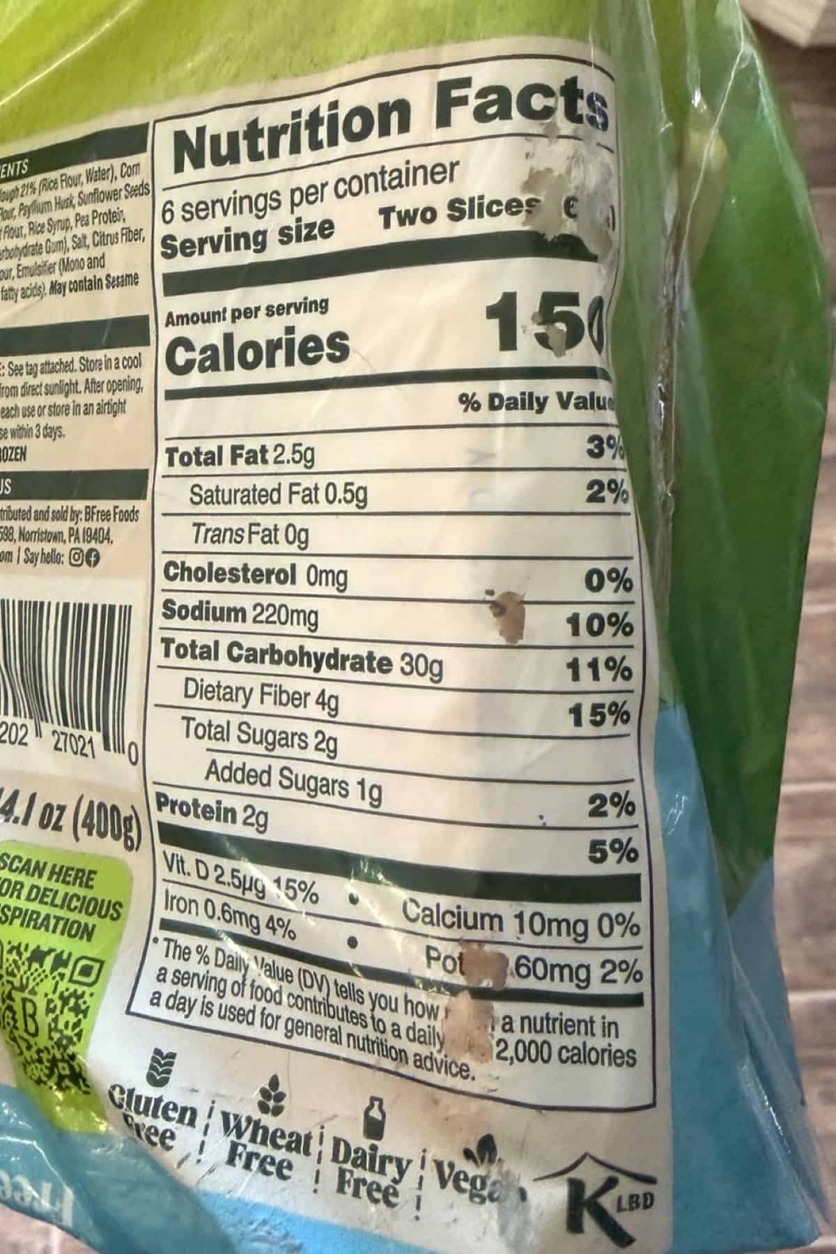 BFree Gluten Free Homestyle Sandwich White Sourdough Loaf nutrition info