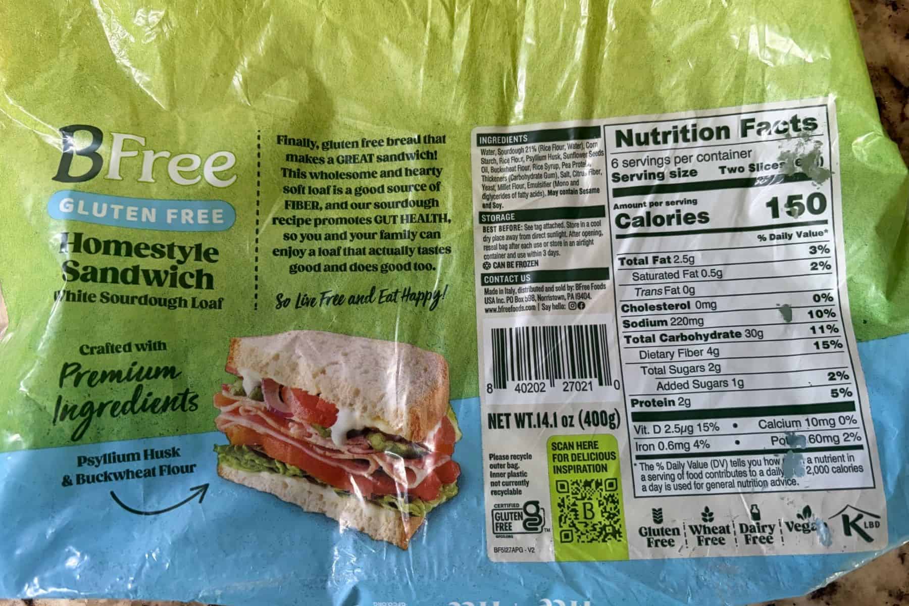 BFree Gluten Free Homestyle Sandwich White Sourdough Loaf packaging back