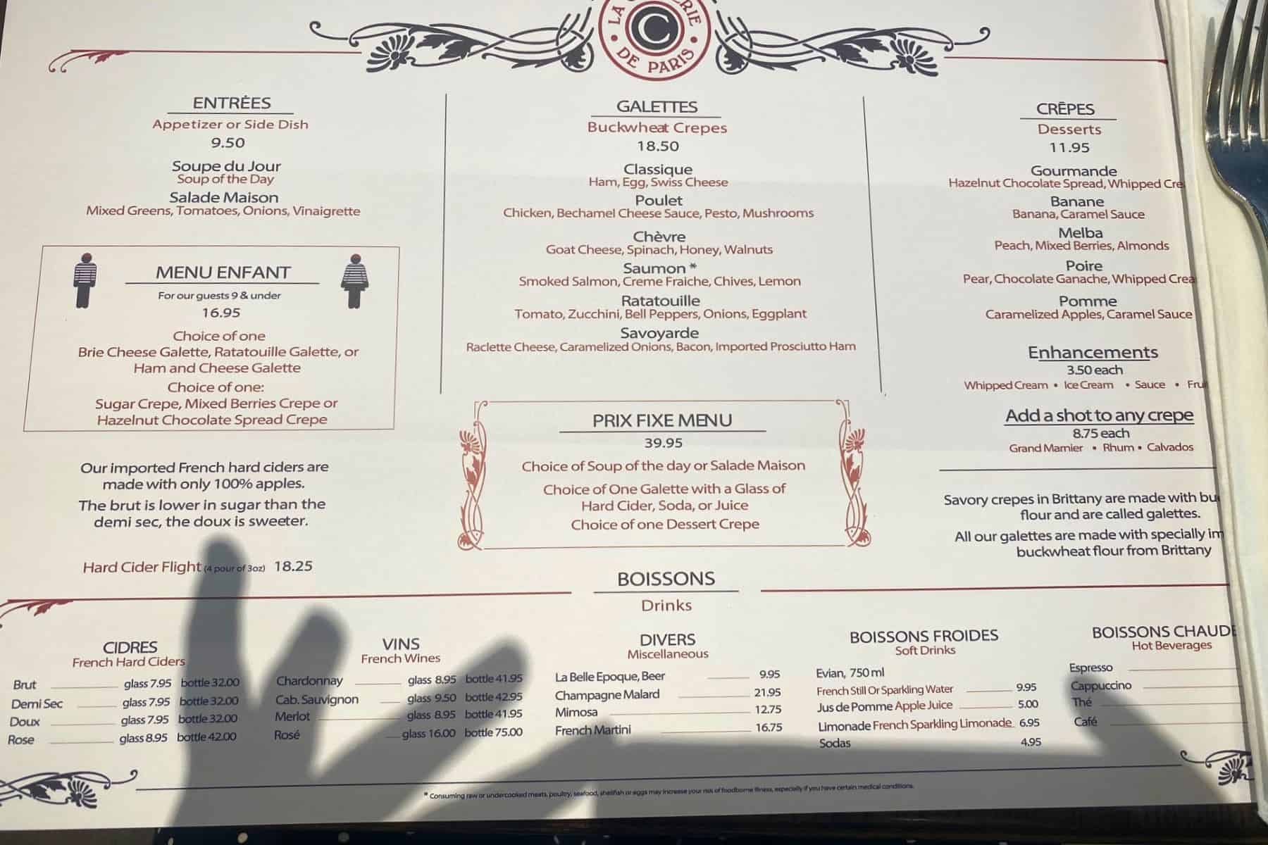 La Crêperie de Paris epcot menu