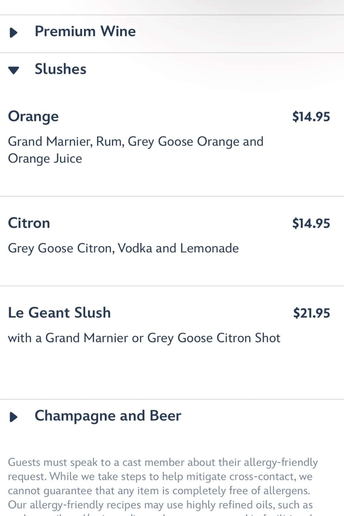 Les Vins des Chefs de France slush menu