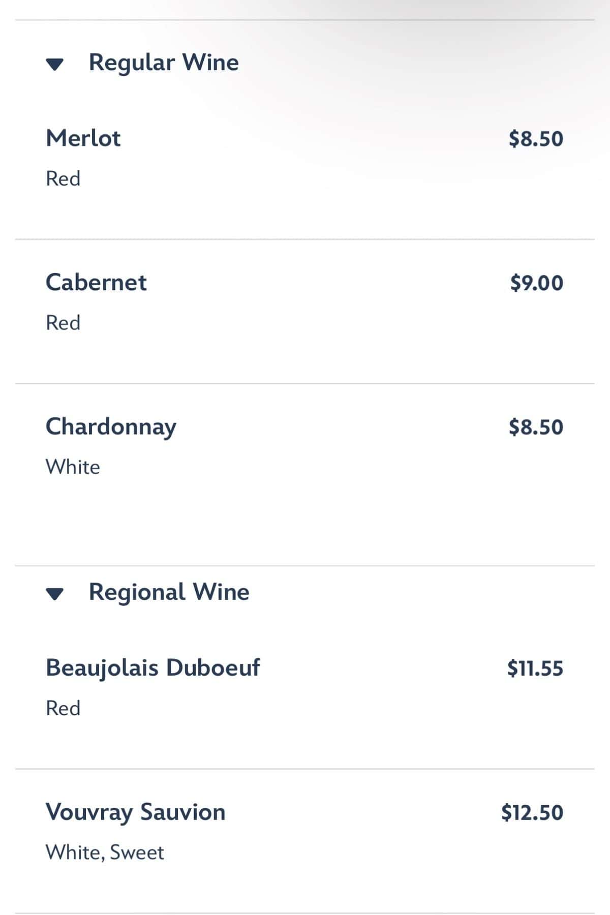 Les Vins des Chefs de France wine menu